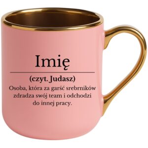 KUBEK ELEGANT RÓŻOWY NA POŻEGNANIE Z PRACY JUDASZ Z IMIENIEM