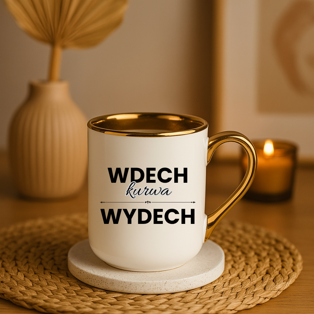 Kubek biały elegant śmieszny na prezent ''WDECH WYDECH'' - obrazek 2